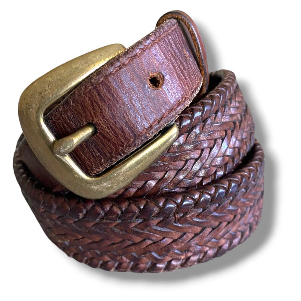 Martin Dingman Woven Brown Leather Waist  Belt Sz 36 Gold Tone Buckle USA Preppy